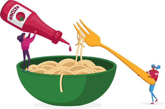 Woman eating spaghetti  イラスト