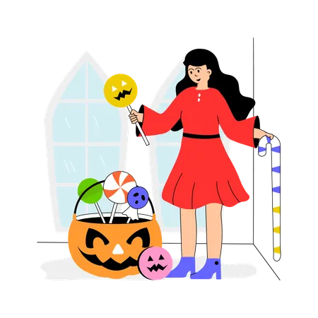 ハロウィーンのキャンディを楽しむ女性  イラスト