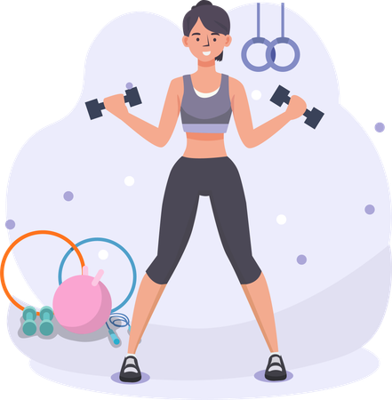 Woman exercising at gym holding dumbbell  Illustration