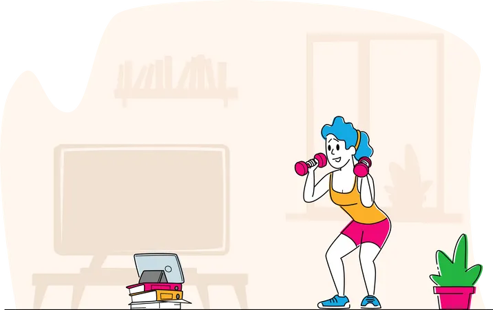 Woman exercising while watching tv show  Illustration