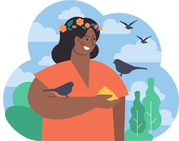 Woman feeding birds  Illustration