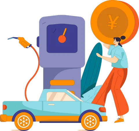 Woman fills petrol at pump station  Illustration