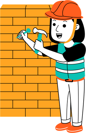 Woman fixing nail in bricks wall  일러스트레이션