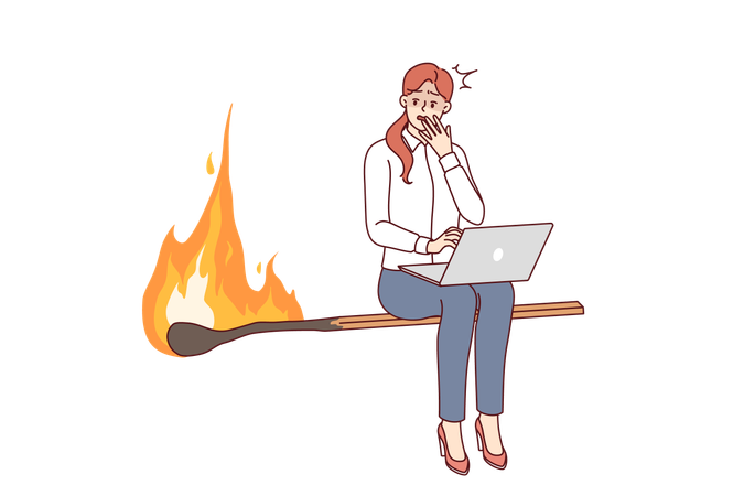 Woman freelancer is afraid of danger of violating business deadlines sitting on burning match  Illustration