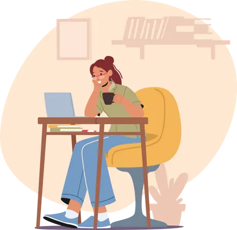 Woman Freelancer Working on Laptop with Cup of Coffee  Illustration