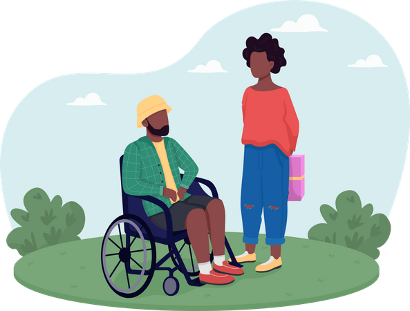 Woman giving gift to disabled man  Illustration