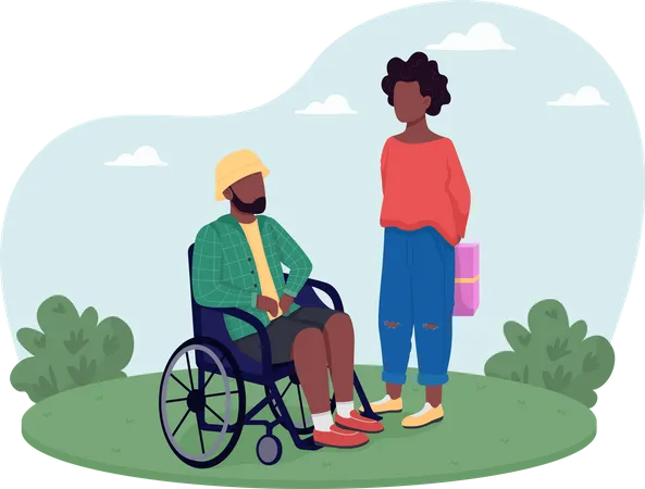 Woman giving gift to disabled man  Illustration