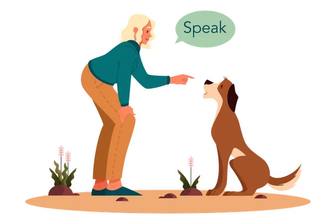 Woman giving speak command to pet dog  Illustration