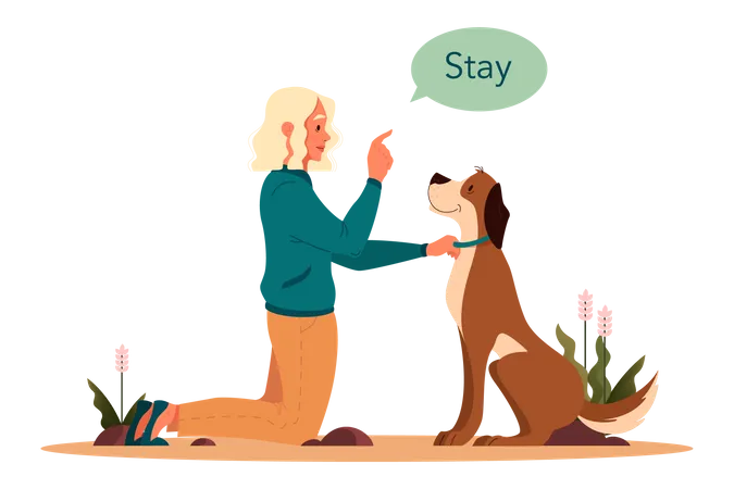 Woman giving stay command to pet dog  Illustration