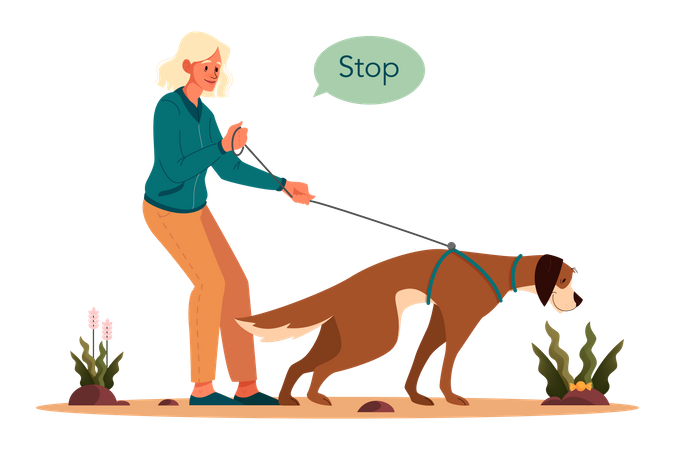 Woman giving stop command to dog  Illustration