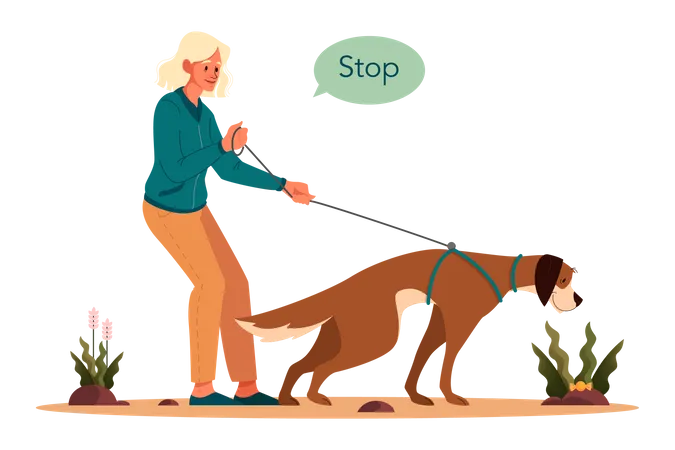 Woman giving stop command to dog  Illustration