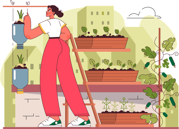 Woman growing indoor plants  Illustration