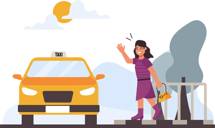 Woman Hailing Taxi  Illustration