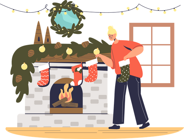 Woman hanging christmas socks on fireplace for preparing christmas  イラスト