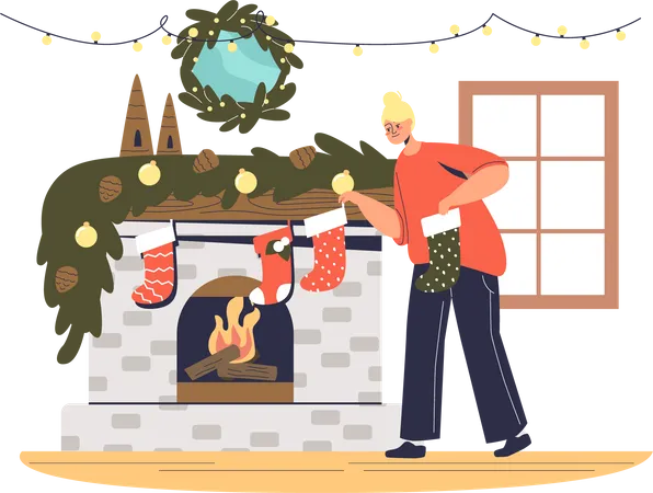 Woman hanging christmas socks on fireplace for preparing christmas  イラスト