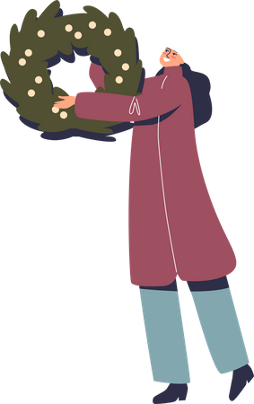 Woman hold Christmas wreath  イラスト