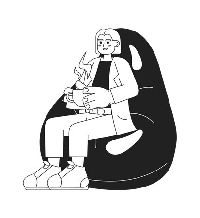 Woman holding coffee cup on bean bag  Illustration