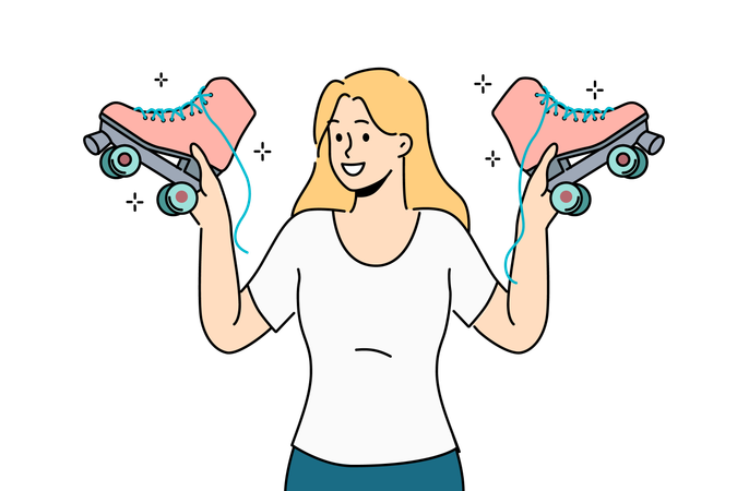 Woman holding retro roller skates and inviting you to ride together in park in fresh air  Illustration