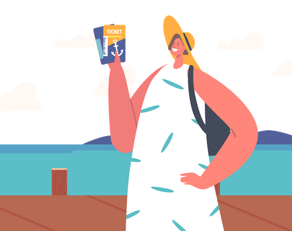 Woman Holding Ticket for Cruise Liner Stand on Wooden Pier  Illustration