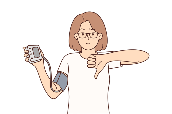 Woman holding tonometer to check cardio health and shows thumb down  Illustration