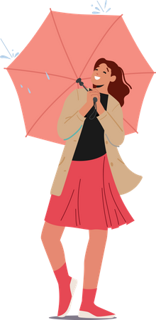 Woman holding umbrella standing and enjoying rain  Illustration