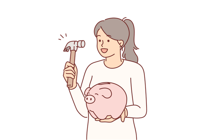 Woman holds hammer and piggy bank  イラスト