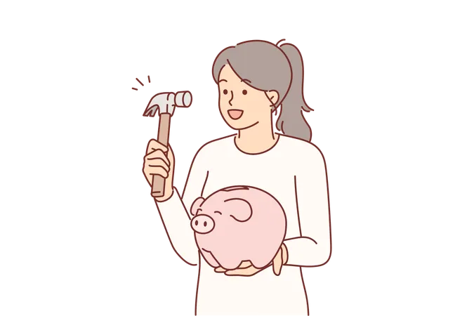 Woman holds hammer and piggy bank  イラスト