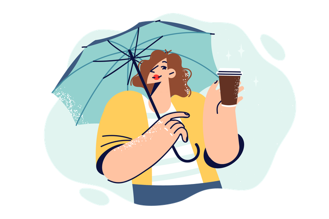 Woman holds paper cup with take-out coffee and umbrella  イラスト