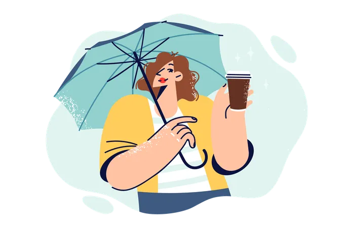 Woman holds paper cup with take-out coffee and umbrella  イラスト