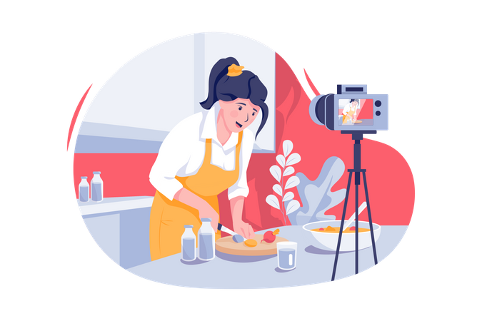 Woman in kitchen recording food making recipe on camera  Illustration