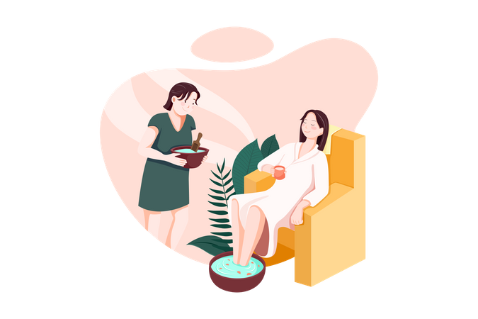 Woman in spa salon, girl lying on couch, masseur prepare making massage to client in cozy room  Illustration