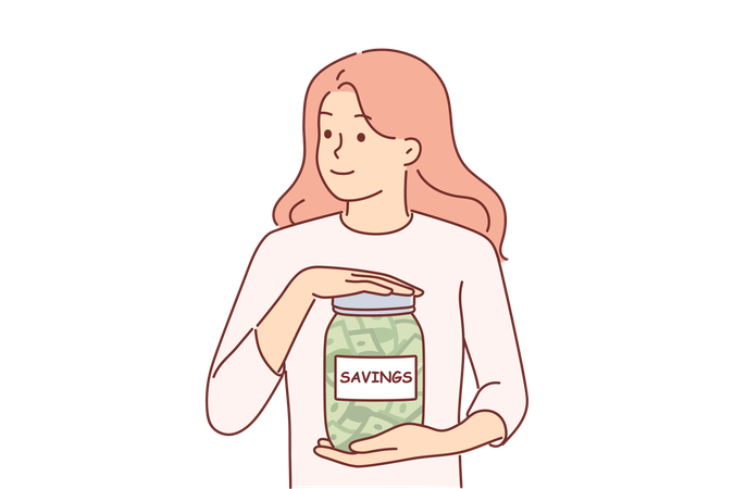 Woman is keeping savings in savings jar  Illustration