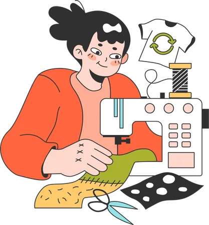 Woman is sewing recycled shirt  Illustration