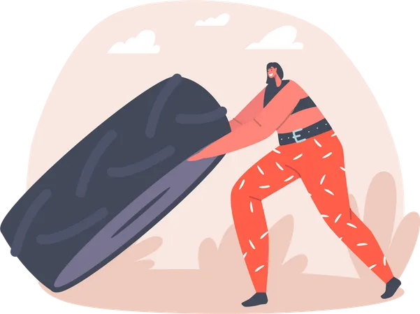 Woman Lifting Huge Tire  Illustration