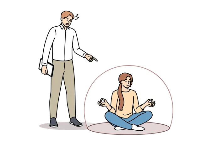 Woman meditates and does not pay attention to screaming boss sits in lotus position in cocoon  Illustration