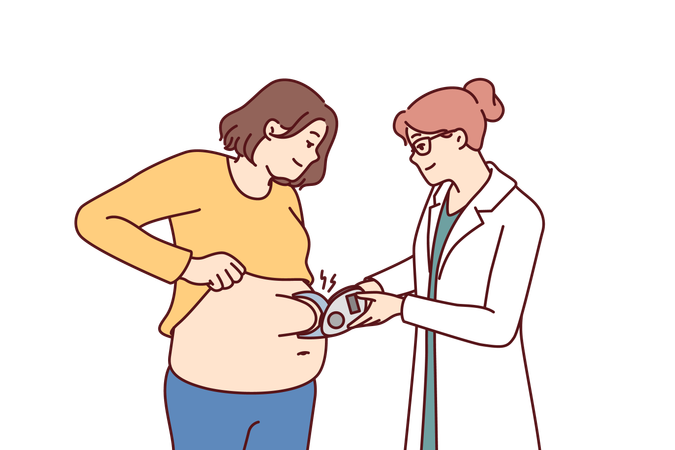 Woman nutritionist measures size of fat layer in overweight patient to give recommendations  イラスト