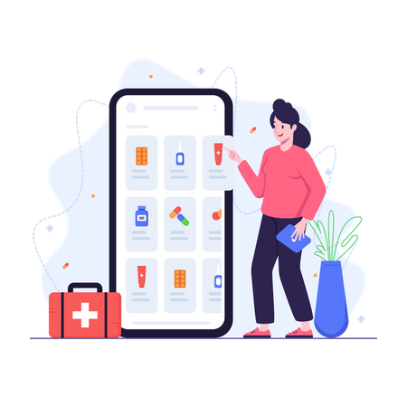 Woman Ordering Medication From Online Pharmacy App  Illustration