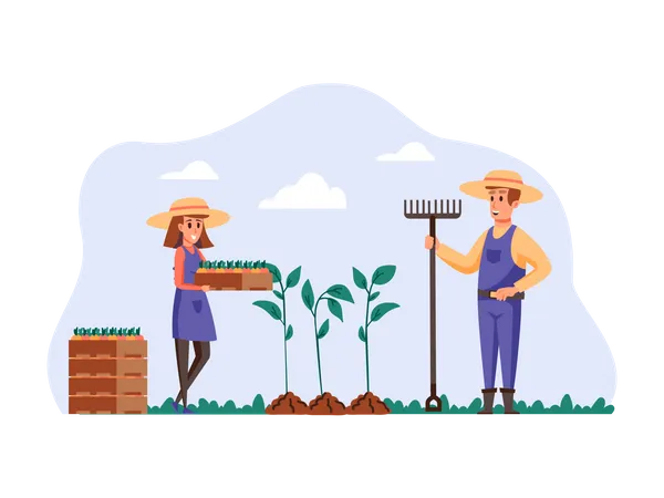 Woman planting crops with help of husband  일러스트레이션