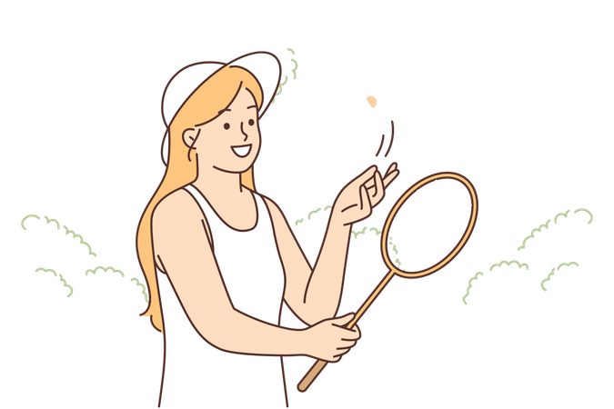 Woman playing badminton holding racket and throwing up shuttlecock standing on court in park  イラスト