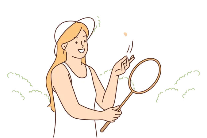 Woman playing badminton holding racket and throwing up shuttlecock standing on court in park  イラスト