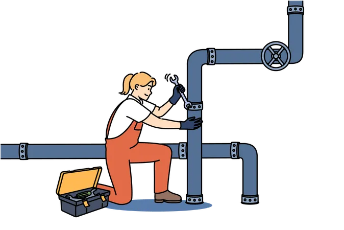 Woman plumber repairs pipes in factory using wrench to fix crack in industrial pipeline  Illustration