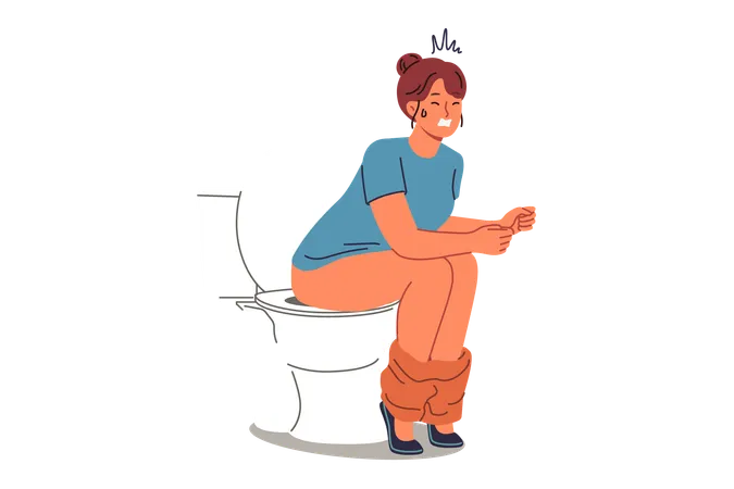 Woman poops sitting on toilet and suffers from constipation caused by indigestion or stomach  Illustration