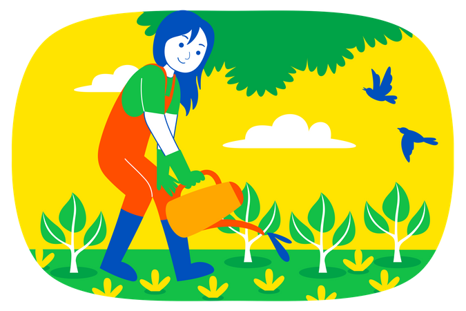 Woman pouring water to plant  Illustration