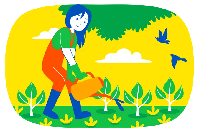 Woman pouring water to plant  Illustration