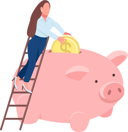 Woman putting coin in piggy bank  Illustration