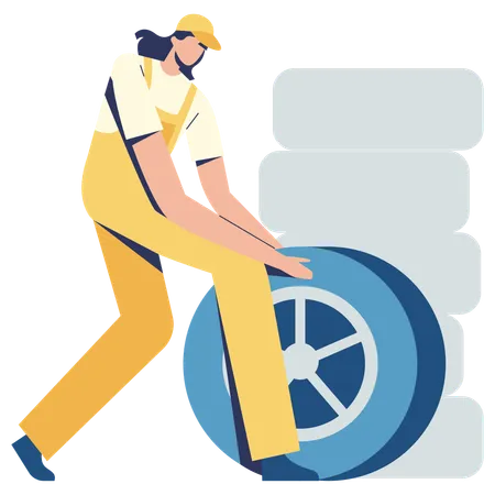 Woman replacing car tire  Illustration