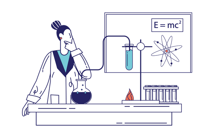 Woman researcher makes test using flasks  Illustration