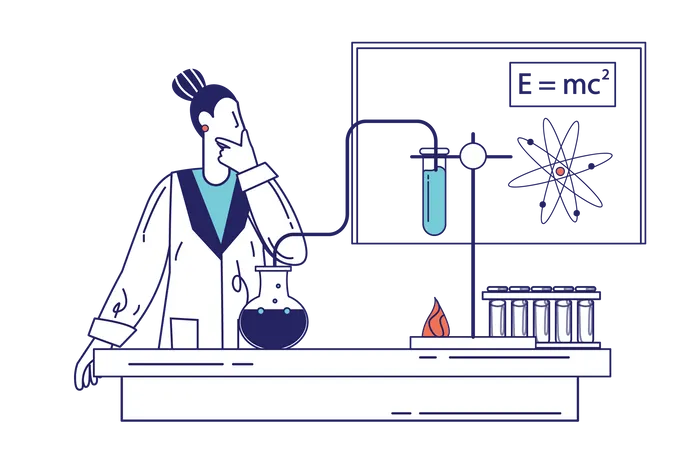 Woman researcher makes test using flasks  Illustration