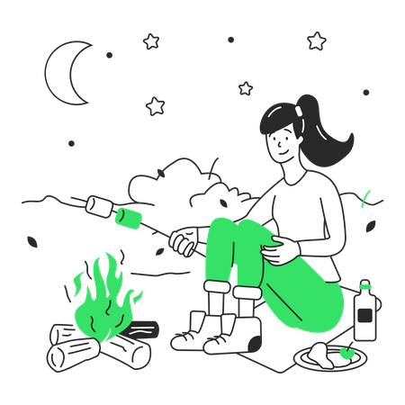 Woman roasting marshmallows on a stick by the fire  Illustration