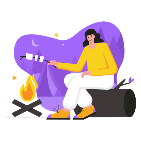 Woman roasting marshmallows on campfire  Illustration